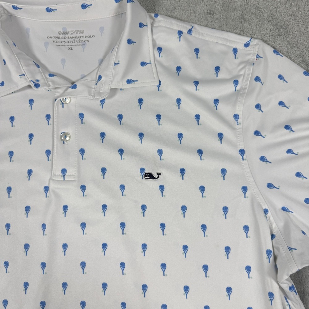 Vineyard Vines Mens XL Polo Shirt White Tennis Racquet AOP On-The-Go Sankaty - Picture 2 of 10
